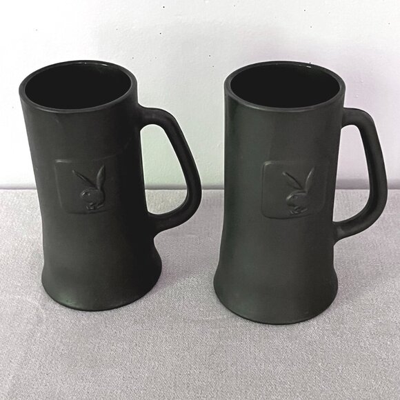 Playboy Bunny Club Set of 2 VINTAGE 1960s Beer Mug Tankard Black Matte - Picture 1 of 5